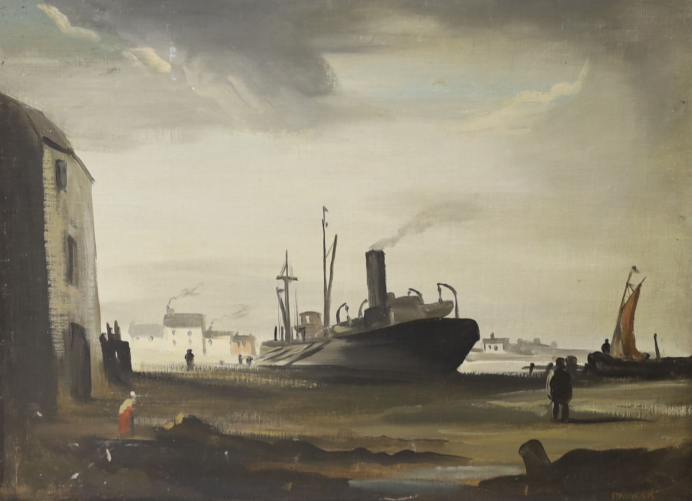 Philip Hugh Padwick (1876-1958), oil on board, 'Butts Wharf, Sussex', ROI 1957 exhibition label verso, 45 x 60cm